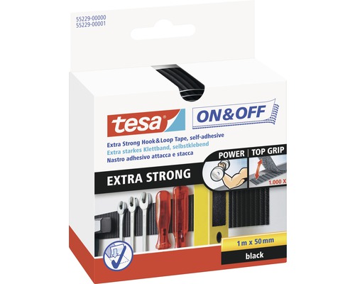 tesa® On&Off Klettband extrastark schwarz 1 m x 50 mm Tesa On&Off Klettband Extra Stark, selbstklebend, 1 Meter mal 50 Millimeter