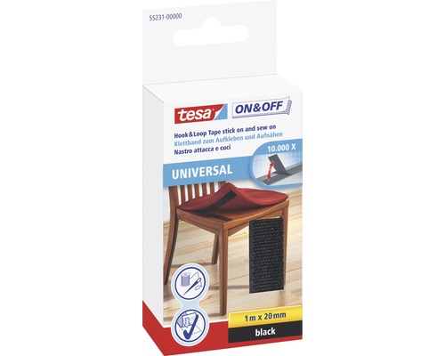 Ruban auto-agrippant tesa® On&Off noir 1 m x 20 mm Bande velcro Tesa à coller et à coudre, 1 mètre sur 20 millimètres