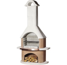 Cheminée de barbecue en pierre avec compartiment à bois pour ranger le bois de chauffage