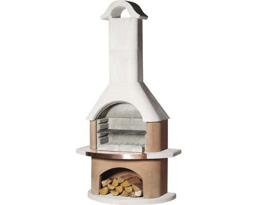 Barbecue cheminée Buschbeck Bologna 65 x 110 x 210 cm béton blanc terre cuite Cheminée de barbecue en pierre avec compartiment à bois pour ranger le bois de chauffage