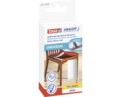 Ruban auto-agrippant tesa® On&Off blanc 1 m x 20 mm Bande autoagrippante Tesa à coller et à coudre, 1 mètre sur 20 millimètres, blanc