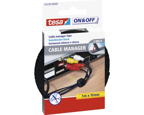 tesa® On&Off Kabelbinder-Band universal schwarz 5 m x 10 mm Tesa Cable Manager Band, 5 Meter mal 10 Millimeter, zur Kabelorganisation