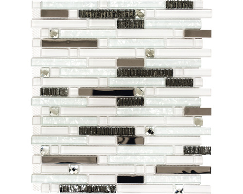 Glasmosaik mit Metall XCM GV 898 29,8x33,8 cm weiss silber Mosaikfliese mit Glas- und Metallelementen