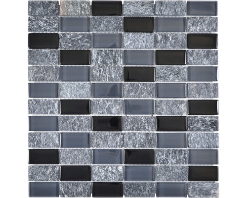 Mosaïque de verre avec pierre naturelle grise noire beige 31x32.5 cm