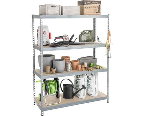 Avasco Schwerlastregal Robus 350 verzinkt 190 x 150 x 60 cm 4 Holzböden Tragkraft 1400 kg Regal mit Gartenwerkzeug, Pflanzgefäßen und Umzugskartons