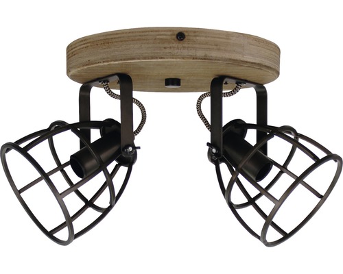 Plafonnier avec deux spots, bois et métal