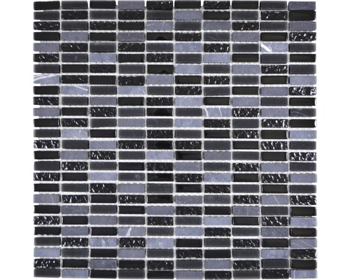 Mosaïque de verre avec pierre naturelle gris noir 1x3 cm / 31x32.5 cm
