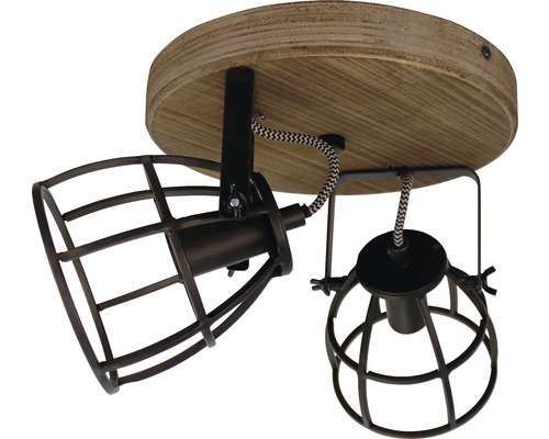 Plafonnier avec deux abat-jour en forme de cage et socle en bois