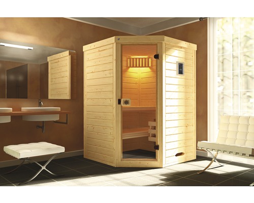 Sauna en bois massif Weka Laukkala avec poêle 3,6 kW et commande numérique, sans fenêtre et avec porte entièrement vitrée en verre transparent
