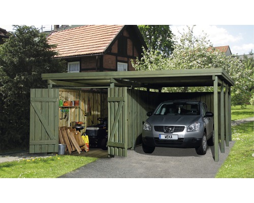 Carport simple weka A2 taille 3 avec espace outils 512x602 cm traité en autoclave par imprégnation Carport simple weka A2 taille 3 avec espace outils 512x602 cm traité en autoclave par imprégnation