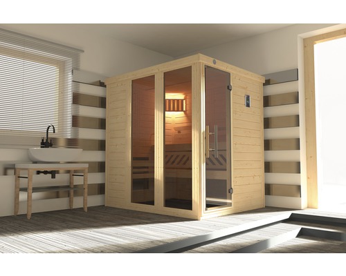 Sauna en bois massif Weka Kemi Panorama taille 1 avec poêle 7,5 kW et commande numérique, avec fenêtre et porte entièrement vitrée couleur graphite