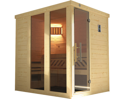 Sauna mit Glastür und Holzverkleidung