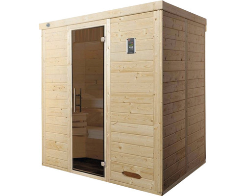 Sauna en bois avec porte en verre et panneau de commande