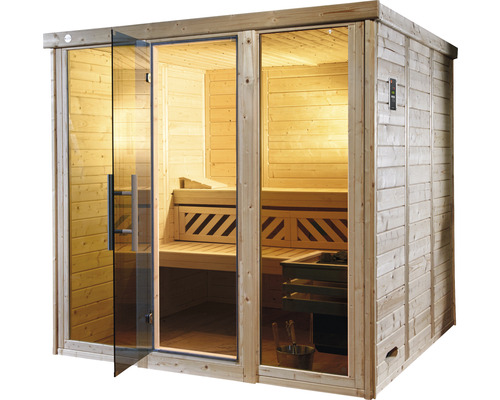 Sauna en bois avec porte en verre
