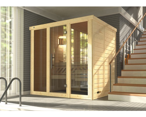 Sauna en bois massif Weka Kemi Panorama taille 2 avec poêle bio 7,5 kW et commande numérique, avec fenêtre et porte entièrement vitrée couleur graphite