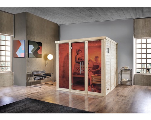 Sauna en bois massif Weka Kemi Panorama taille 3 avec poêle 7,5 kW et commande numérique, avec fenêtre et porte entièrement vitrée couleur graphite