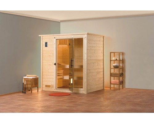 Sauna en bois massif Weka Bergen GTF taille 1 avec poêle 7,5 kW et commande numérique, avec fenêtre et porte entièrement vitrée couleur graphite