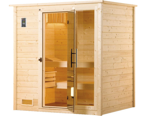 Sauna en bois avec porte en verre et élément de commande