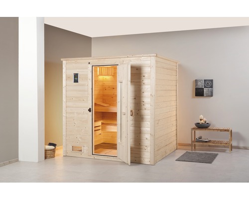 Sauna en bois massif Weka Bergen HT taille 1.8 avec poêle 7,5 kW et commande numérique, sans fenêtre avec porte en bois et verre isolant thermiquement