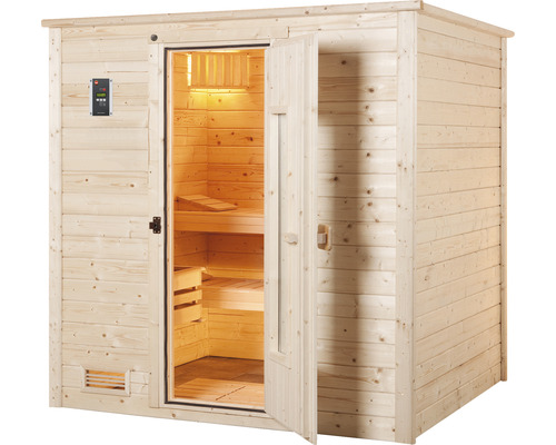 Sauna en bois autoportante avec porte ouverte et panneau de commande