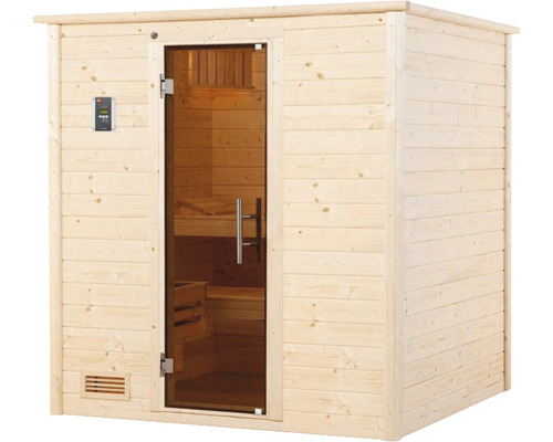 Sauna aus Holz mit Glastür und Bedienfeld