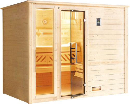 Sauna en bois avec porte en verre et panneau de commande