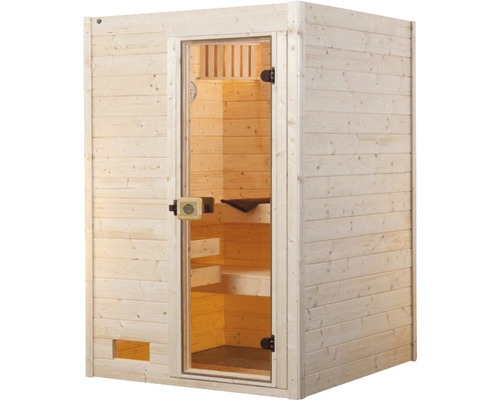 Sauna avec porte en verre et revêtement en bois pour l''intérieur