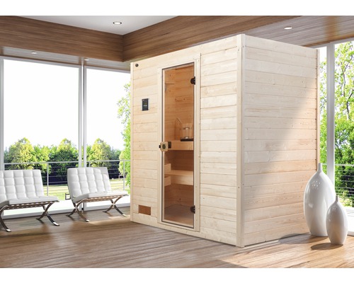 Sauna en bois massif Weka Valida GT taille 2 avec poêle bio 4,5 kW et commande numérique, sans fenêtre avec porte entièrement vitrée en verre transparent