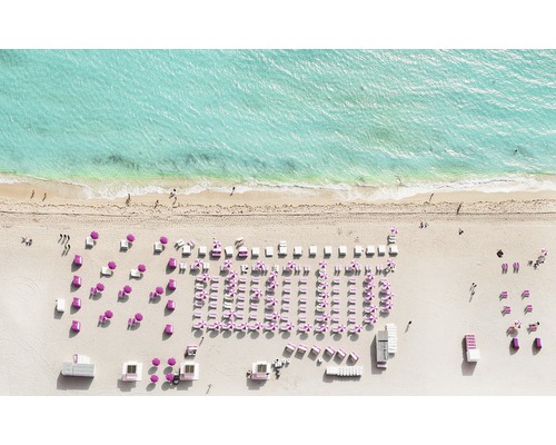 Papier peint panoramique intissé P011-VD4 Pure Pink Umbrella 4 pces 400 x 250 cm Vue aérienne d''une plage avec des parasols et des chaises longues au bord de la mer