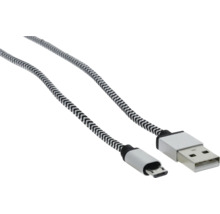 Câble USB-A vers Micro-USB avec gaine textile tressée noire et blanche et connecteurs argentés.