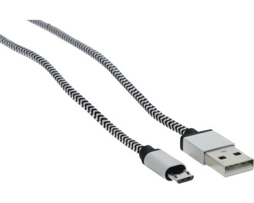 USB-A zu Micro-USB-Kabel mit schwarz-weiss geflochtener Textilummantelung und silbernen Steckern.