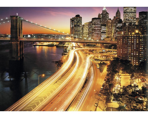 Papier peint panoramique papier 8-516 VOL 15 NYC Lights 8 pces 368 x 254 cm Photo de nuit du pont de Brooklyn illuminé et de la ligne d''horizon de New York avec la circulation routière