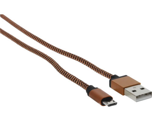 USB-Kabel auf Micro-USB mit geflochtener Textilummantelung und metallischen Anschlüssen.