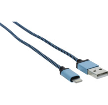 USB-A auf Lightning Ladekabel mit blauem geflochtenem Nylon-Mantel.
