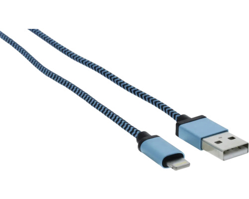 USB-A auf Lightning Ladekabel mit blauem geflochtenem Nylon-Mantel.