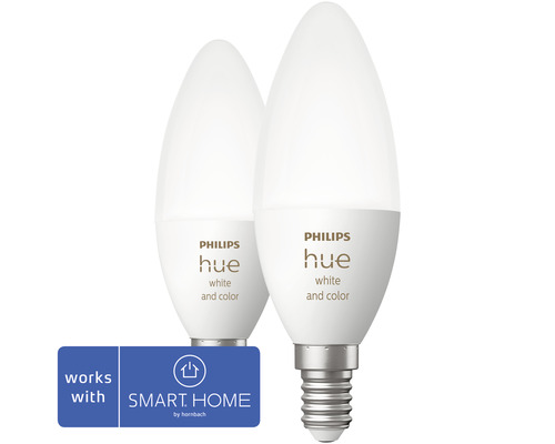 Zwei Philips Hue Leuchtmittel in Kerzenform mit E14 Fassung