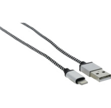 USB Typ A auf Lightning Kabel mit geflochtener Textilummantelung und Metallsteckern.
