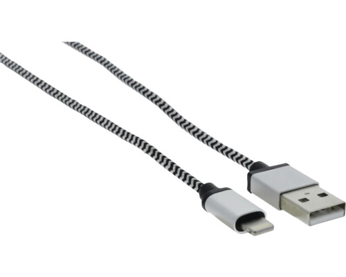 USB Typ A auf Lightning Kabel mit geflochtener Textilummantelung und Metallsteckern.