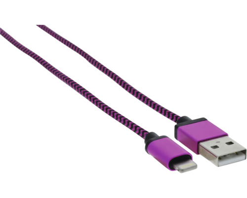 Lilafarbenes USB-A auf Lightning-Kabel mit geflochtener Textilummantelung.