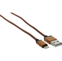 Câble de charge et de données USB-A vers Lightning avec gaine tressée marron et noir et connecteurs métalliques cuivrés.