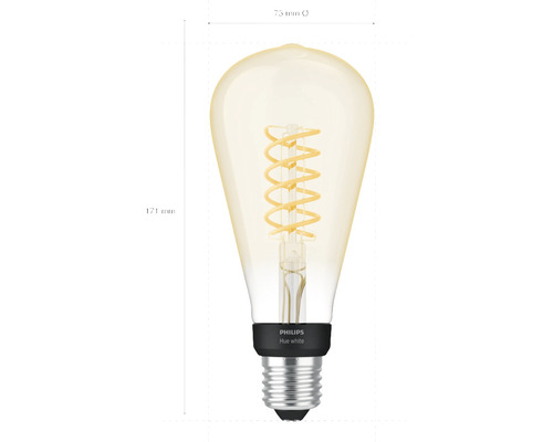 Lampe à filament blanc Philips Hue avec culot E27 et dimensions 171 mm de hauteur et 73 mm de diamètre.
