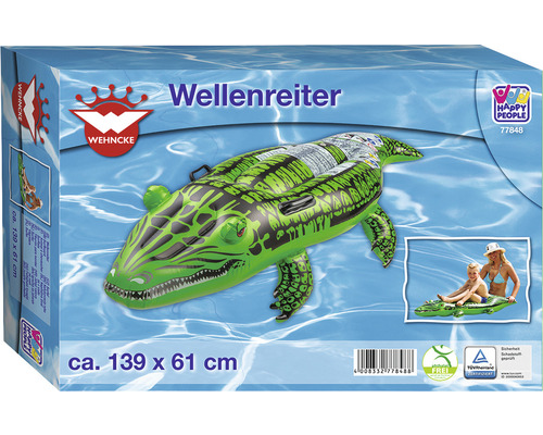 Verpackung einer aufblasbaren Krokodil-Luftmatratze der Marke Wehncke, circa 139 x 61 Zentimeter