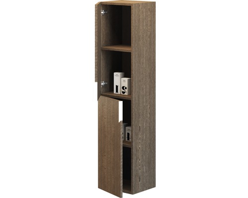 Armoire haute avec étagères ouvertes et portes en bois pour salle de bain