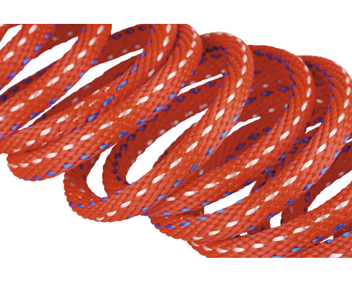 Geflochtene orangefarbene Polyamidschnur mit weißen und blauen Markierungen