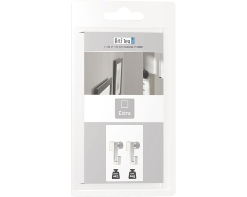 Logo Arti Teq. Emballage contenant deux crochets pour tableaux permettant de fixer des tableaux jusqu’à 4 kg maximum.