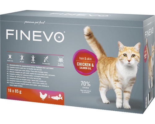 Nourriture humide pour chats Hair&Skin FINEVO poulet avec huile de saumon 16x85 g