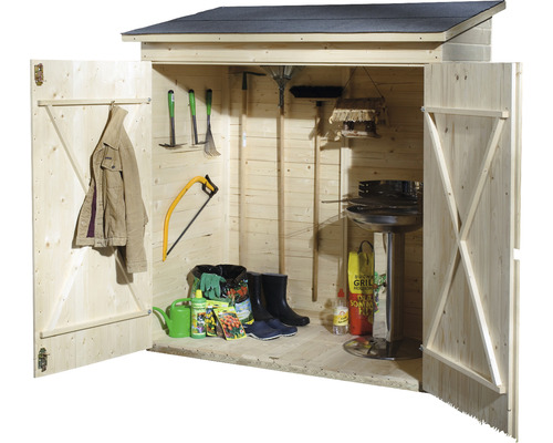Abri de jardin ouvert en bois avec outils de jardin et barbecue