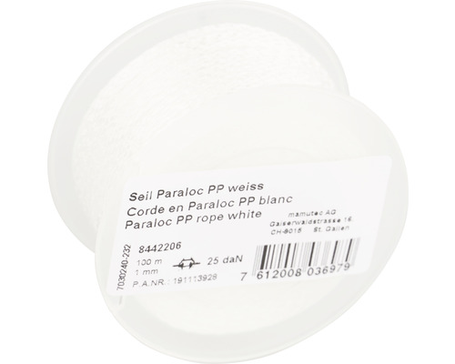 Mamutec Corde Paraloc polypropylène Ø 1 mm x 100 m blanc Corde Paraloc PP, 100 mètres de long