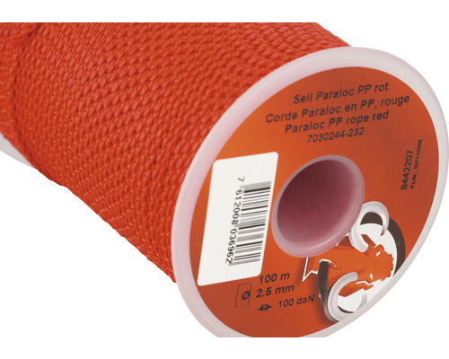 Mamutec Corde Paraloc polypropylèneØ 2,5 mm x 100 m rouge Bobine de corde Paraloc PP rouge, 100 mètres de long et 2,5 mm d''épaisseur