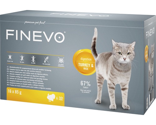 Nourriture humide pour chats Digestion FINEVO dinde et riz 16x85 g